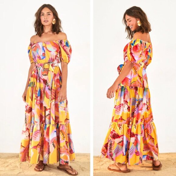 NEW FARM Rio Neon Macaws Tiered Maxi Dress Resortwear Vacation Tropical Bohemian - Picture 1 of 13